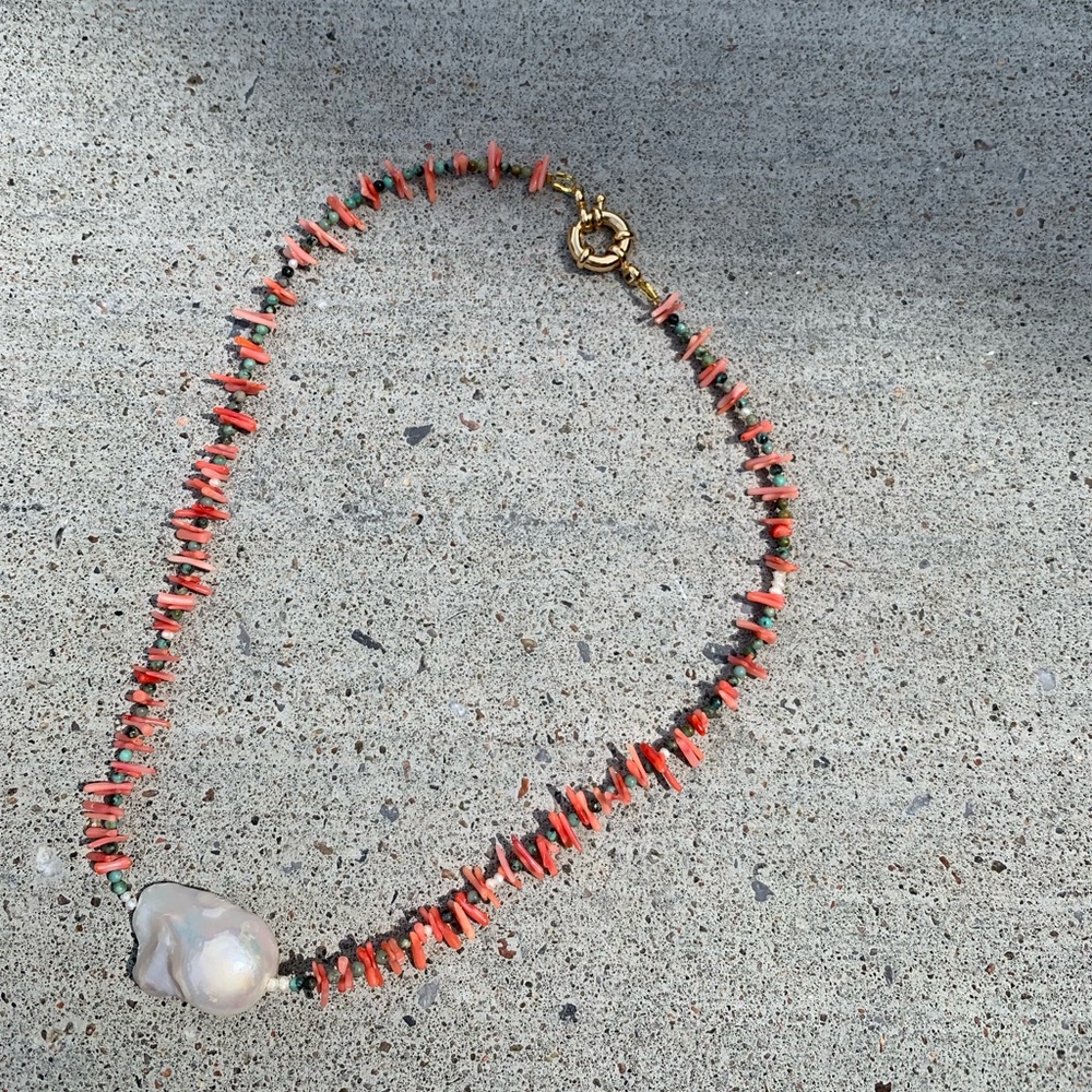 HANDMADE Unique Baroque Pearl Coral Necklace